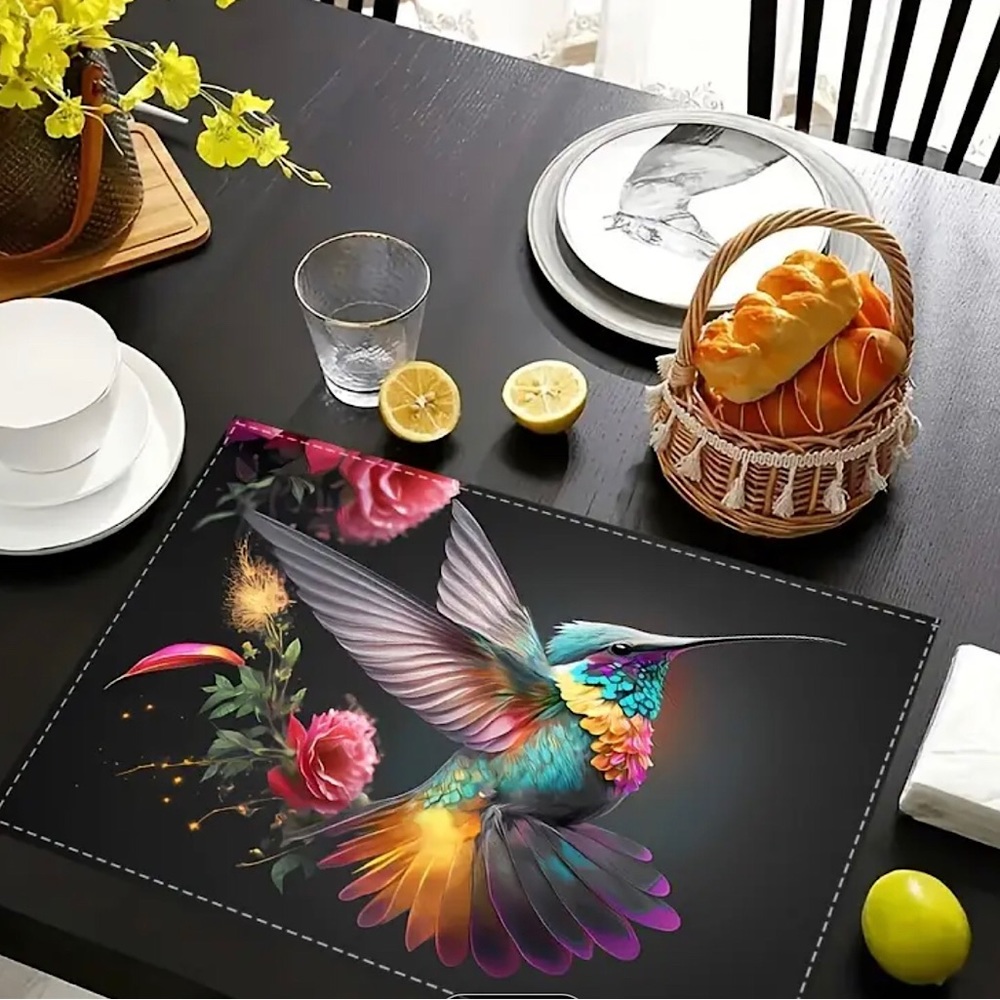 4 pc Hummingbird Flower Linen Table Mat